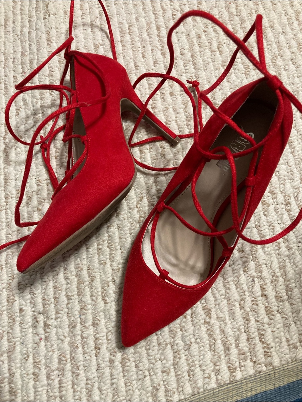 Red Faux Suede Lace-Up Pointed-Toe Stiletto Heels - size 9W